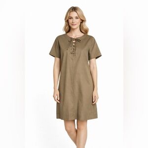 Ann Mashburn Size M Shift Dress Tan Brown Minimalist Cotton Blend Lace Up